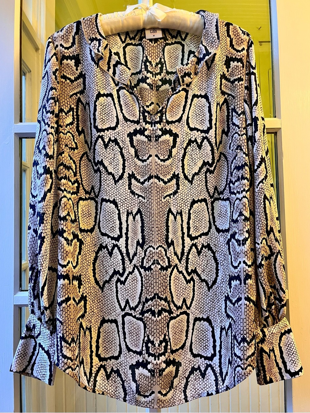 CAbi Snake Print Long Sleeve Blouse with Ruffle Collar in Black and Cream - Picture 2 of 10